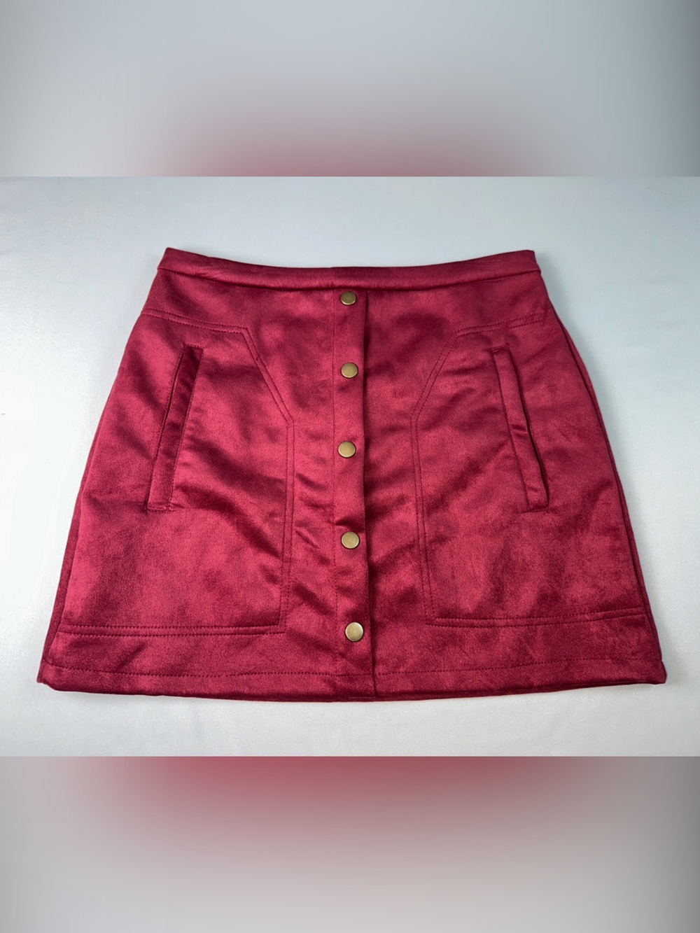 VESTIDOS Maroon Suede Type Mini Skirt Button Front Medium Pockets